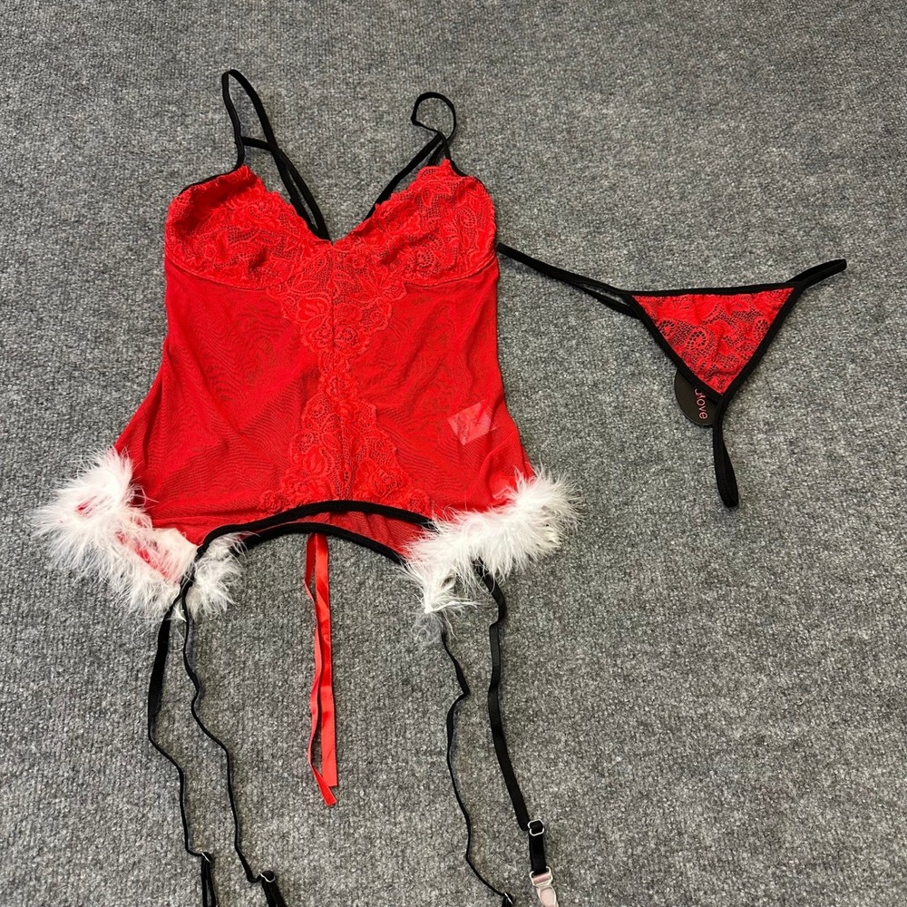 Avidlove Lingerie Womens Size XL Red Lace Faux Fur Trim Holiday Garter Set NEW